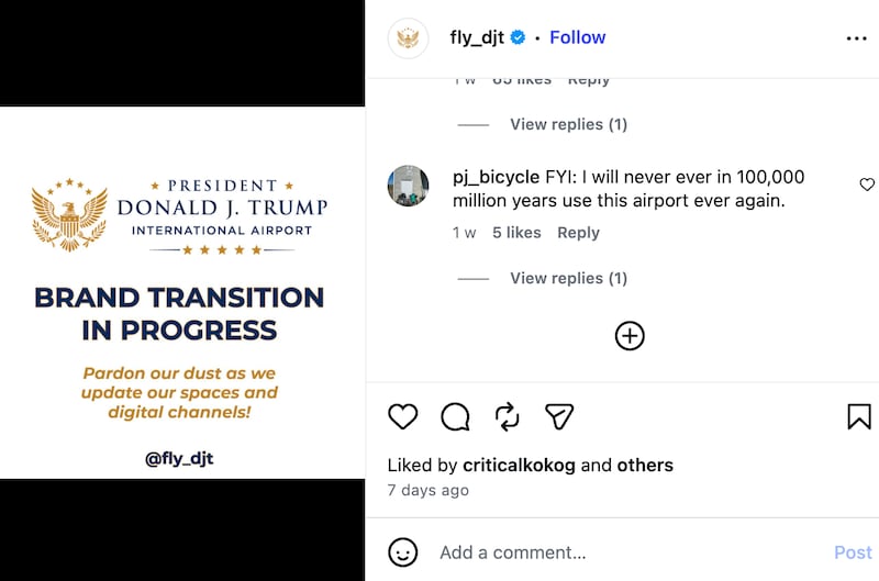 Screengrab of President Donald J. Trump International Airport's Instagram account.