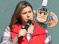 Illustration featuring Elissa Slotkin with a Michigan State University mascot over her shoulder.