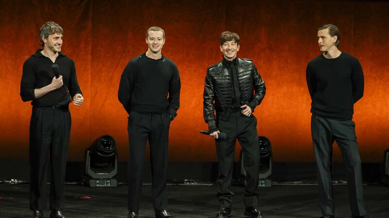 LAS VEGAS, NEVADA - MARCH 31: (L-R) Paul Mescal, Joseph Quinn, Barry Keoghan and Harris Dickinson are introduced onstage to promote four upcoming biopics about The Beatles at the Sony Pictures Entertainment presentation during CinemaCon, the official convention of Cinema United, at The Colosseum at Caesars Palace on March 31, 2025 in Las Vegas, Nevada.
