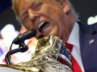 Republican presidential candidate and former President Donald Trump delivers remarks while introducing a new line of signature shoes at Sneaker Con on February 17, 2024 in Philadelphia, Pennsylvania.