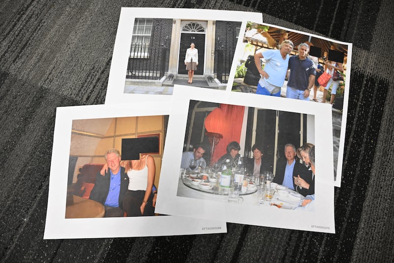 This photo illustration taken in Washington, DC, on December 19, 2025 shows photographs, including of former US president Bill Clinton, Rolling Stones singer Mick Jagger, Virgin Group chairman Richard Branson and Ghislaine Maxwell, after the US Justice Department began releasing the long-awaited records from the investigation into the politically explosive case of convicted sex offender Jeffrey Epstein.
