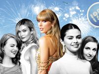 An illustration including photos of Taylor Swift, Karlie Kloss, Emma Stone, Lena Dunham, Selena Gomez, and July 4th Fireworks