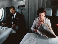 Queen Elizabeth II and Prince Philip in flight.