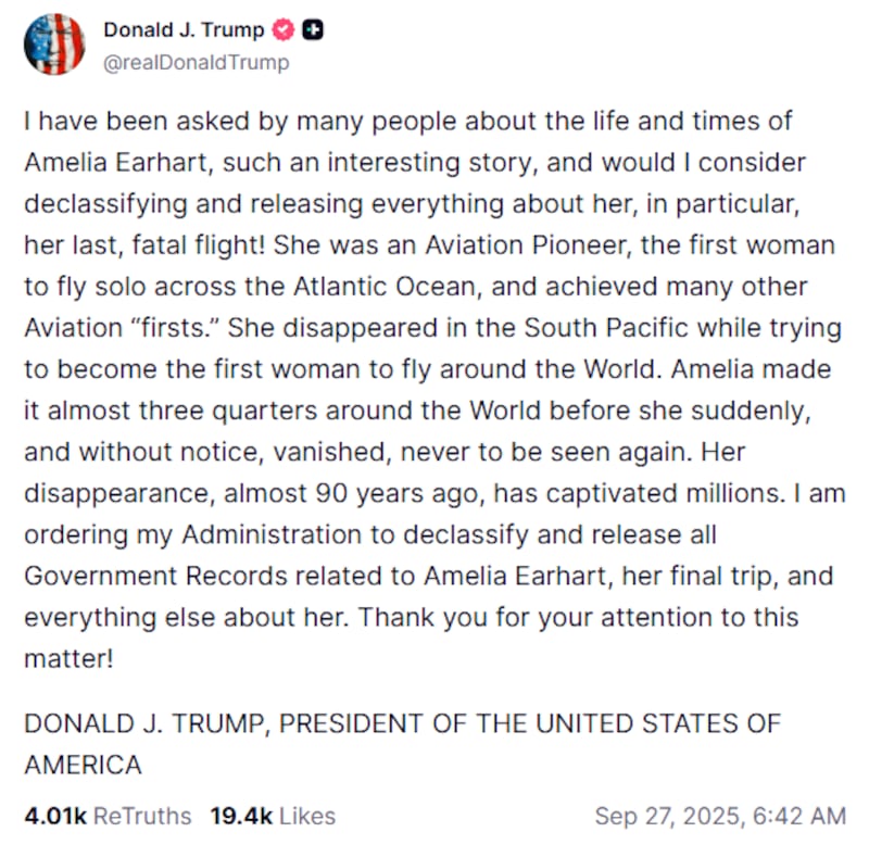 President Donald Trump orders the release of classified files relating to Amelia Earhart.