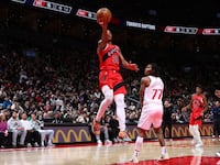 Ochai Agbaji of the Toronto Raptors shoots the ball during a game against the LA Clippers on February 2, 2025.