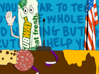 Drawing of a subway sandwich testifying on a witness stand