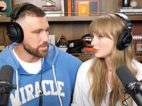 Taylor Swift and Travis Kelce on New Heights podcast.