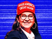 A photo illustration of Bari Weiss wearing a MAGA hat.