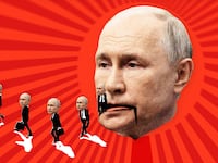 A photo illustration showing a large Putin puppet with small Putin minions trailing out from him.