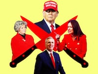 A photo illustration of Susie Wiles, Donald Trump, Kevin McCarthy, and Brooke Rollins and knives.