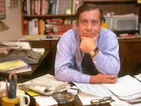 60 Minutes broadcast journalist Morley Safer at his desk in his office at CBS offices.