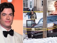 John Mulaney next to an image of the crashed car with a bullet hole in the window after Jonathan Ross shot and killed Renee Nicole Good in Minneapolis, Minnesota