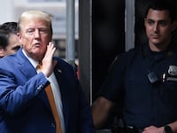 Former US President Donald Trump answers a reporter's question as he returns to the courtroom after a break in his trial at Manhattan Criminal Court in New York City, on May 7, 2024.