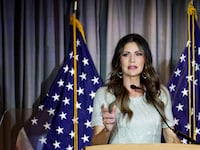 South Dakota Governor Kristi Noem gestures as she speaks at the Calvin Coolidge Foundation conference at the Library of Congress on February 17, 2023 in Washington, DC.