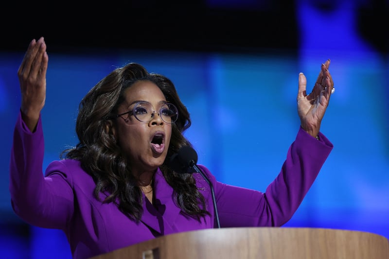 Oprah Winfrey speaks on Day 3 of the Democratic National Convention (DNC) at the United Center, in Chicago, Illinois, U.S., August 21, 2024.