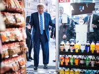 Former President Donald Trump visits Sanaa convenient store, a bodega in upper Manhattan, minutes after leaving Manhattan criminal court.