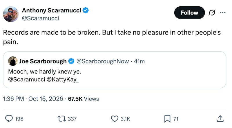 Anthony Scaramucci’s immediate reaction to Katie Zacharia breaking his record.