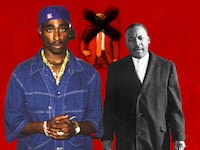 A photo illustration of Tupac, MLK, and obscured former President Donald Trump.