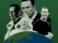 A photo illustration showing Peter Thiel, Mark Zuckerberg, Elon Musk and Marc Anderson as gods looking over the world.