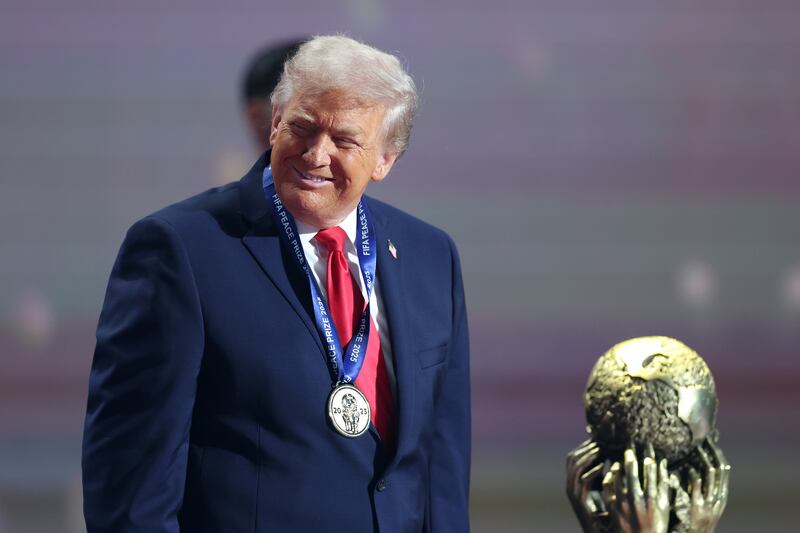 President Donald Trump receives the FIFA Peace Prize during the FIFA World Cup 2026 Official Draw at John F. Kennedy Center for the Performing Arts on December 05, 2025 in Washington, DC.