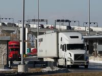 Trucks are photographed during the Port Huron bridge protest on the border of Canada and the Michigan in the USA.