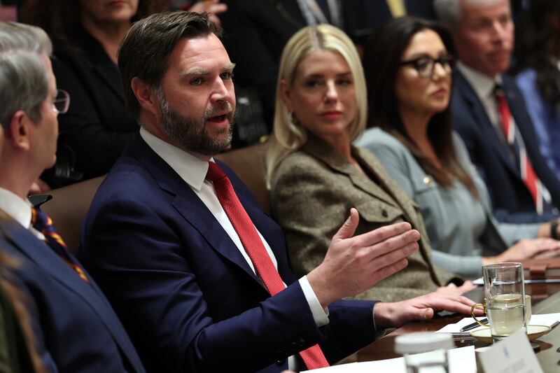 Vice President JD Vance delivers remarks during a Cabinet meeting with President Donald Trump at the White House on October 09, 2025 where he joked about Minority Leader Schumer as "Palestinian" as if that were some kind of insult while heaping praise on Trump's peace deal for Gaza.