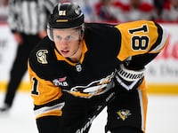 PITTSBURGH, PA - OCTOBER 03: Ben Kindel #81 of the Pittsburgh Penguins skates during the game against the Montréal Canadiens at PPG PAINTS Arena on October 3, 2026 in Pittsburgh, Pennsylvania. (Photo by Joe Sargent/NHLI via Getty Images)