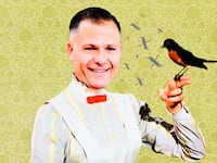 Photo illustration o Marc Molinaro's head on Mary Poppins' body holding a bird tweeting X symbols