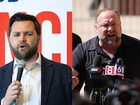 JD Vance (left) speaks at a during a campaign event conference and InfoWars founder Alex Jones (right) speaks after being sued by victims' families for causing emotional and psychological harm after they lost their children in the Sandy Hook massacre.