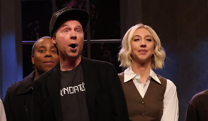 SATURDAY NIGHT LIVE -- Episode 1870 -- Pictured: (l-r) Bowen Yang, Ego Nwodim, Kenan Thompson, Dana Carvey as Elon Musk, Heidi Gardner, Marcello Hernández, Sarah Sherman, and Colin Jost during the "SNL For Trump" Cold Open on Saturday, November 9, 2024 -- (Photo by: Will Heath/NBC via Getty Images)