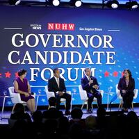 Former Congressmember Katie Porter, former Los Angeles Mayor Antonio Villaraigosa, former United States Health Secretary Xavier Bacerra, former State Controller Betty Yee and California Superintendent of Public Instruction Tony Thurmond sit on stage at the NUHW Governor Candidate Forum at the Hyatt Regency Los Angeles International Airport.