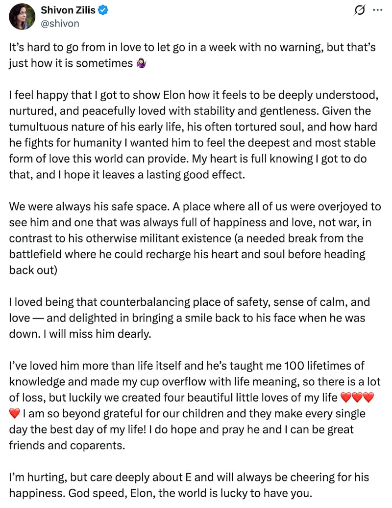 Shivon Zilis posted a nearly-300 word post about her and Elon Musk breaking up.