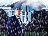 A photo illustration of President Donald Trump standing in the rain in front of the White House.