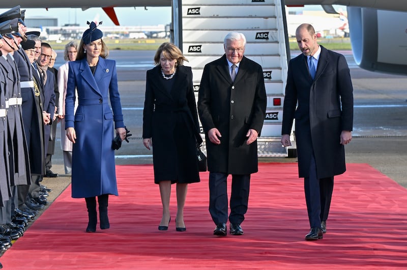 Catherine, Princess of Wales, and Prince William escort German President Frank-Walter Steinmeier and his wife, Elke Büdenbender, at Heathrow Airport on December 3.