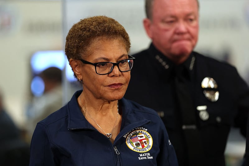 Los Angeles Mayor Karen Bass (L) looks on, flanked by Chief of the Los Angeles Police Department Jim McDonnell, during a press conference at the City of Los Angeles Emergency Operations Center on June 9, 2025, in response to protests over federal immigration operations.
