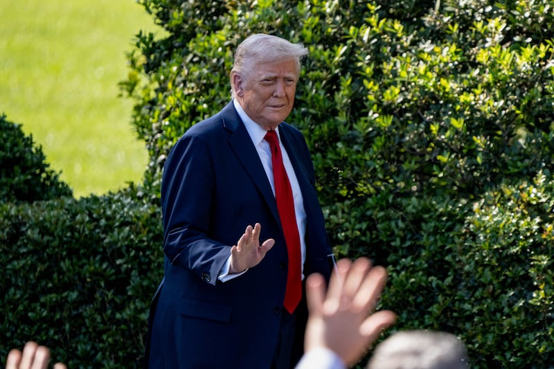 President Donald Trump appears to celebrate together with the 2025 Super Bowl Champions - The Philadelphia Eagles, on the south lawn of the White House in Washington, D.C. on April 28, 2025.