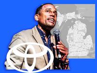 A photo illustration showing Hill Harper with the Toyota Logo and a Michigan map.