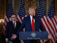 Republican presidential candidate former President Donald Trump and Speaker of the House Mike Johnson (R-LA) hold a press conference at Mr. Trump's Mar-a-Lago estate on April 12, 2024, in Palm Beach, Florida.