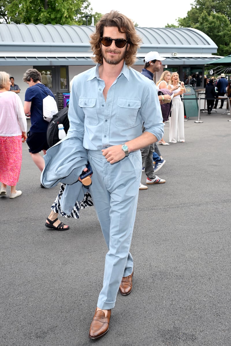 LONDON, ENGLAND - JULY 04: Andrew Garfield during day six of the 2026 Wimbledon Tennis Championships at the All England Lawn Tennis and Croquet Club on July 04, 2026 in London, England. (Photo by Karwai Tang/WireImage)