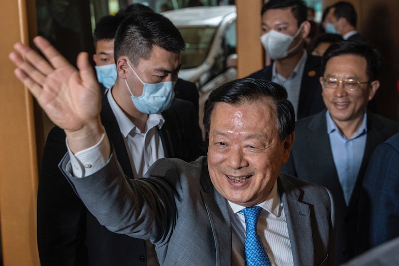 Xia Baolong, waves to media after arriving at Hong Kong International Airport on April 18, 2023 in Hong Kong, China. Xia Baolong Director of the Hong Kong and Macau Affairs Office is the top China official for Hong Kong and Macau affairs has concluded his six day visit to Hong Kong today. (Photo by Vernon Yuen/NurPhoto via Getty Images)