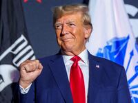 Former U.S. President and Republican presidential candidate Donald Trump greets the crowd during a campaign rally in Windham, New Hampshire, U.S., August 8, 2023.