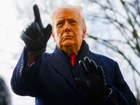 President Donald Trump speaks to reporters on the South Lawn before boarding Marine One at the White House on January 16, 2026 in Washington, DC.