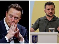 Musk gestures as he attends the Viva Technology conference (L). Ukrainian President Volodymyr Zelensky speaks at the press conference after the opening session of Crimea Platform conference in Kyiv (R).