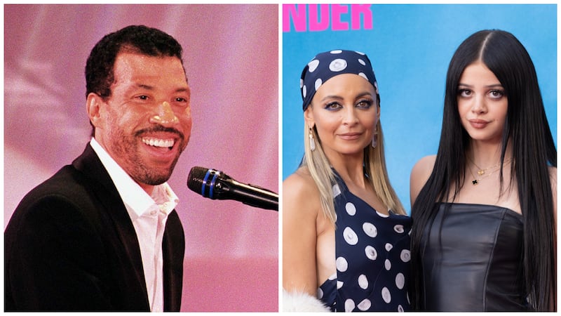 Left: Lionel Richie performing on the piano in front of a pink backdrop in 1997; Right: Nicole Richie and Kate Madden pose together in 2026.