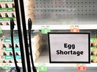 Egg shortage signage is displayed on partially empty shelves at a Sprouts Farmer's Market grocery store in Lawndale, California on January 2, 2025.
