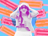A photo illustration of Jessel Taank and popsicles on a blue background.