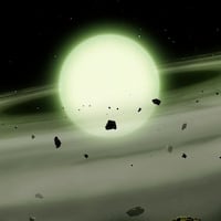 Enriched from above: The cool white dwarf WDJ1330+6435 has accreted sodium-rich rocky material from its planetary system into its atmosphere. The immense atmospheric density causes the sodium to absorb light over broad range of yellow, orange, and red wavelengths, giving the WDJ1330+6435 a ghostly green appearance. Credit: Mark A Garlick/University of Warwick