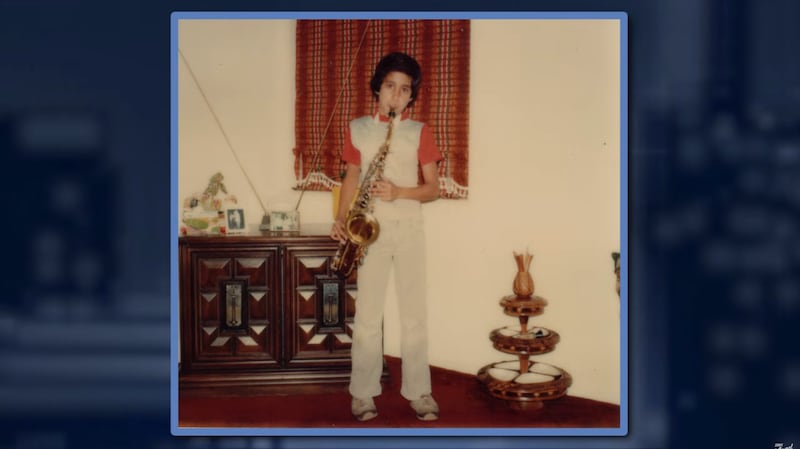 Jimmy Kimmel Live! Childhood photo of Cleto Escobedo III playing the saxophone.