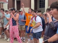 Ole Miss counter protesters mocking Black protester (off screen) on Thursday, May 2, 2024