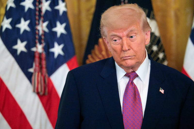 President Donald Trump delivers remarks in the East Room of the White House.
